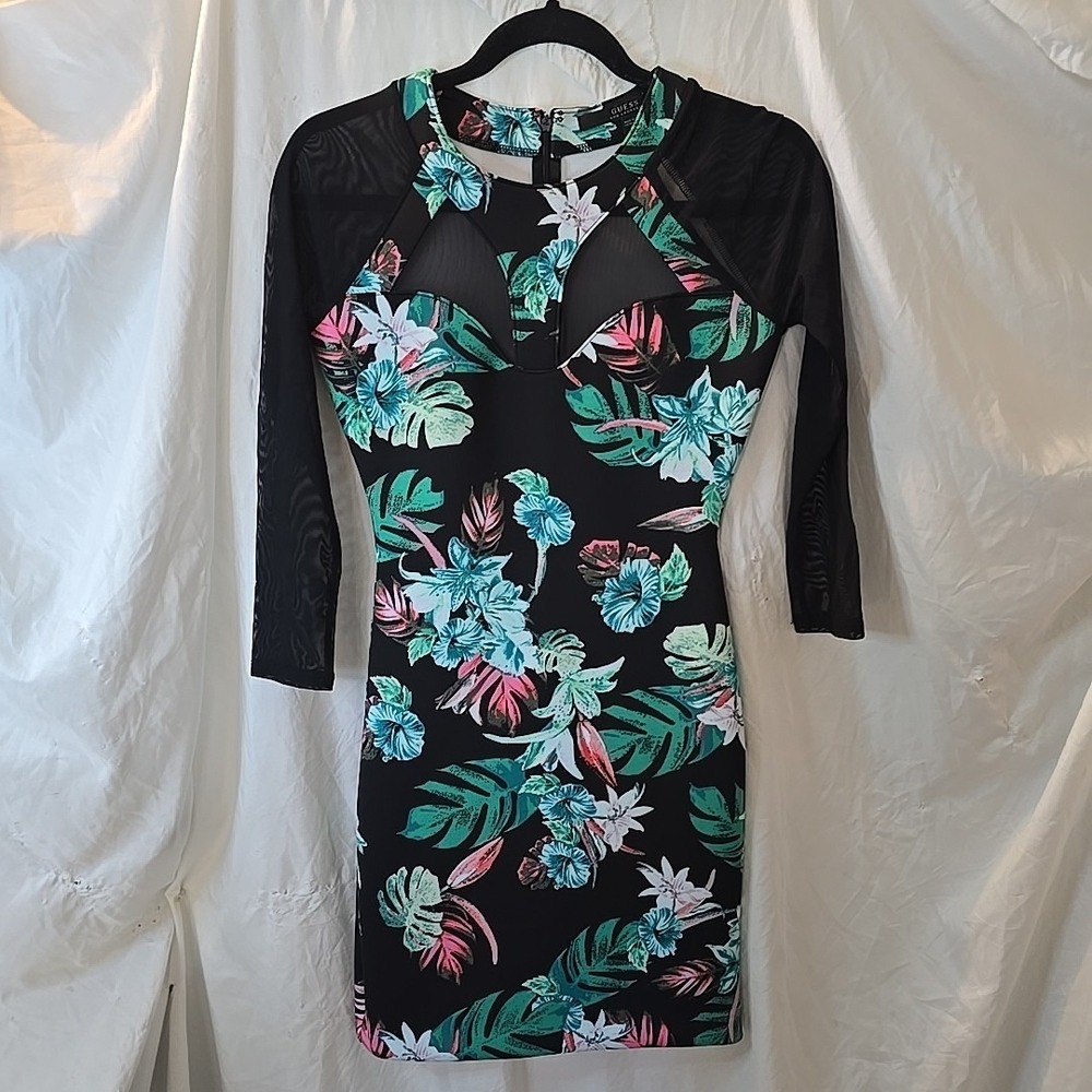 Guess 3/4 Mesh Sleeve Floral Black Caged Bodycon Dress Women's Size S
